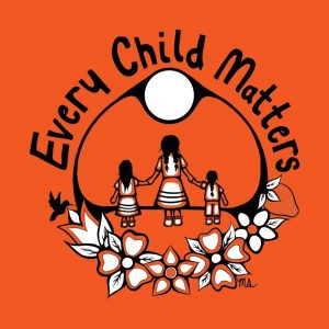 Every Child Matters reads the 2023 Orange Shirt Day design. This year's design is by artist MJ Singleton, a UTM student. 