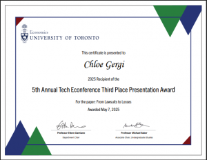 Certificate for Chloe Gergi who tied for third place with her presentation.