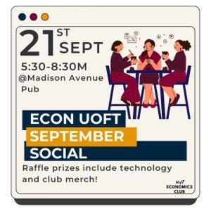 Image-based invitation to the Economics Club Social on 21 September 2023