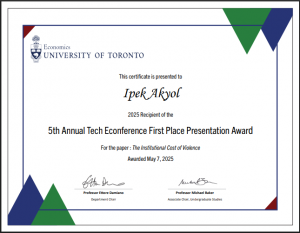 Certificate for Ipek Akyol who won first place for her presentation.