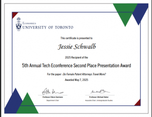 Certificate for Jessie Schwalb who won second place for her presentation.
