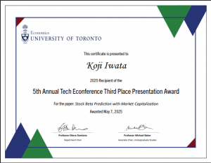 Certificate for Koji Iwata who tied for third place with his presentation.