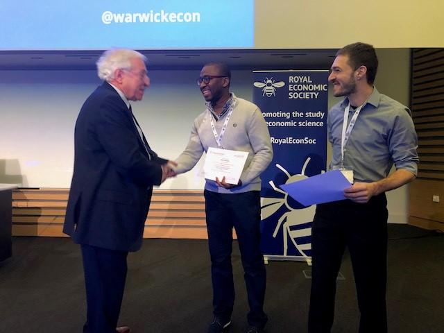 Professors Ismael Mourifié (centre) and Vincent Boucher (right) receive the 2017 Denis Sargan Econometrics Prize from Professor Andrew Chesher (photo: Jaap Abbring) 