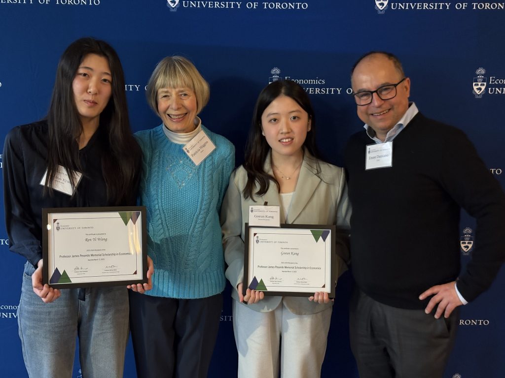 Group photo of award winner Ren Yi Wang, donor Patricia Higgins, award winner Goeun Kang, and department chair Professor Ettore Damiano 