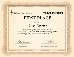An award certificate declaring Rose Zhang as the author/presenter of the best research paper in the Third Annual Tech-Econference.